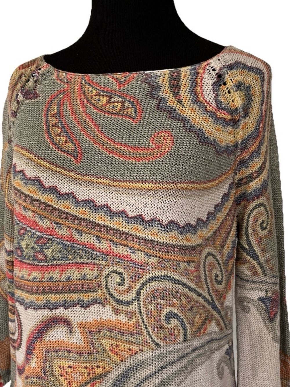 Chico’s Paisley Earthy Artistic Boho Chic Sweater Knit Top Multicolor Metallic